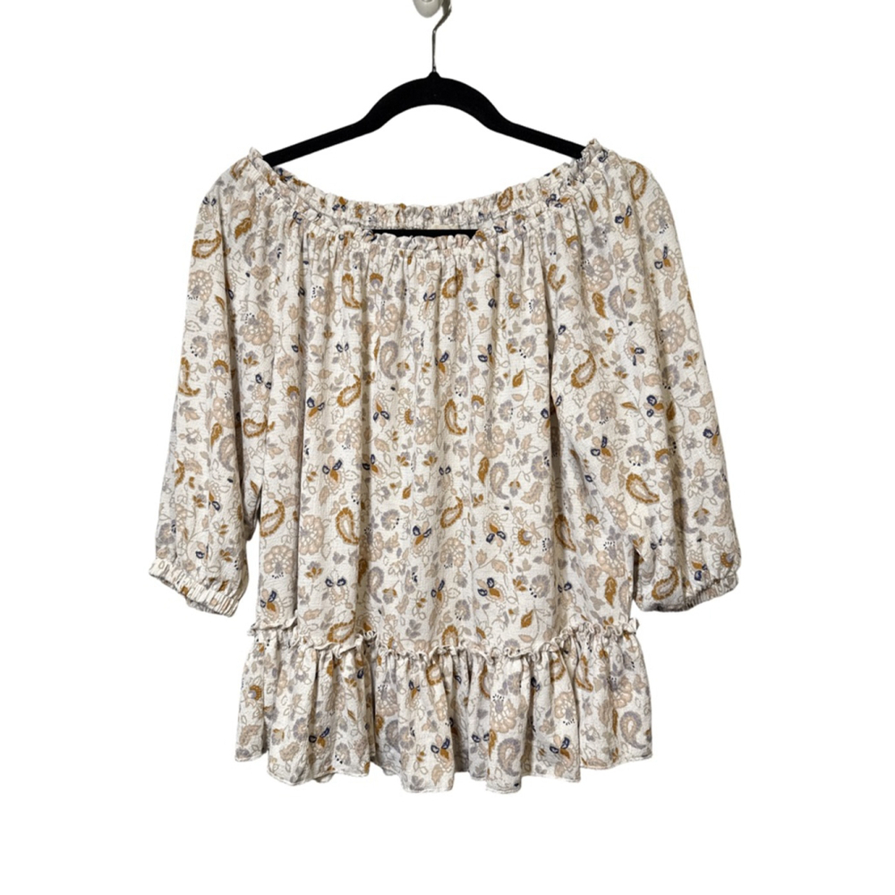 Melloday Women’s Off-Shoulder Blouse Cream Gold Blue Floral Peplum Size S